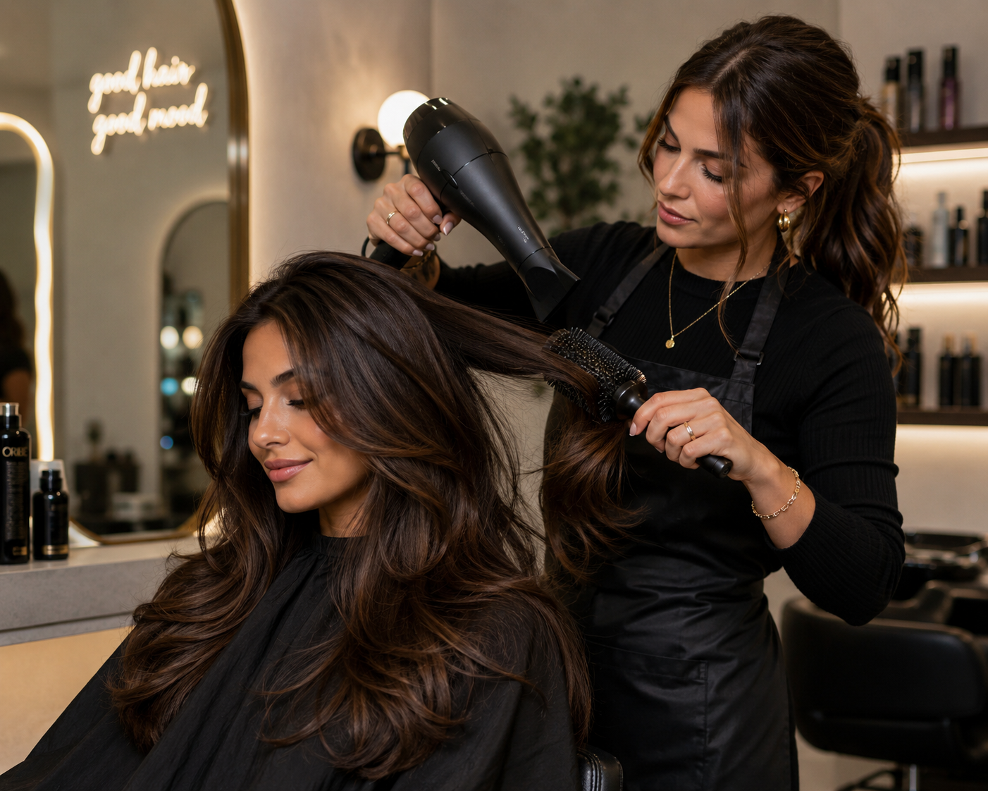 Hair stylist blowing out a client's hair at Hair + SKN