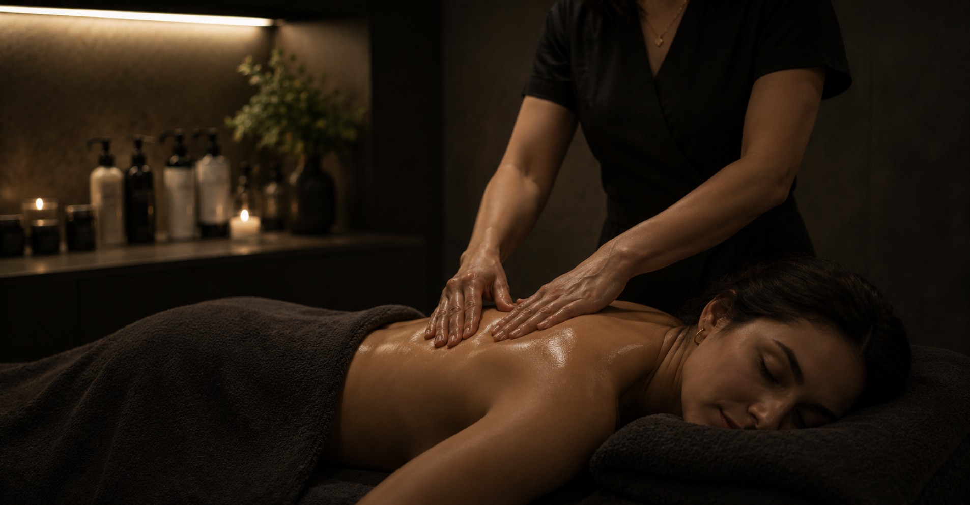 Massage therapist working on a client's back in a candle-lit spa room at Hair + SKN