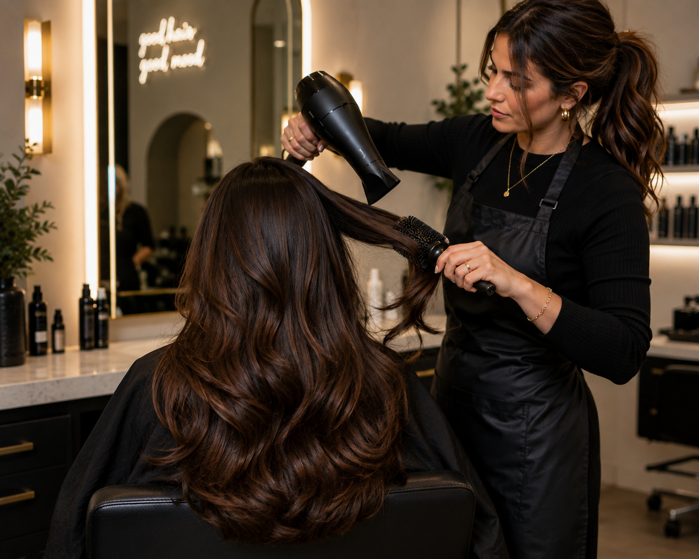 Stylist working on a client's hair at Hair + SKN